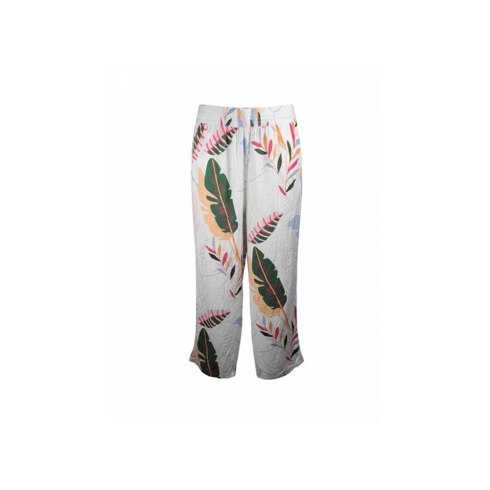 Cynthia Rowley 1X Linen Pants Women Tropical Elastic Waist Wide Leg